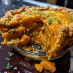 A golden-brown vegetable pot pie with a flaky crust, showing a rich filling of squash, lentils, and greens.