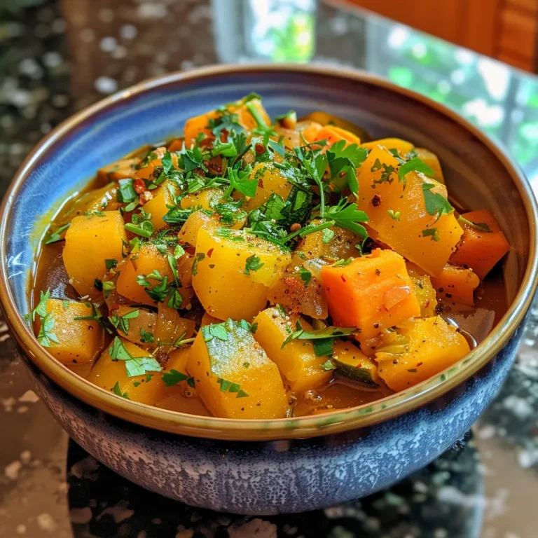 Close-up view of a hearty Fall Vegetable Stew featuring colorful vegetables.