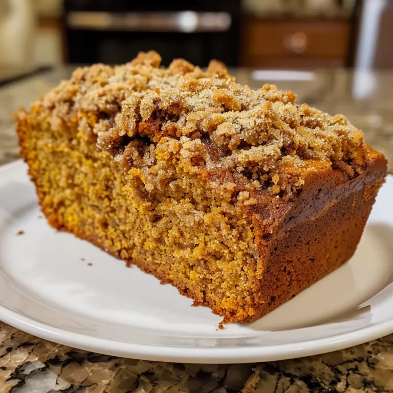 Close-up view of a slice of Pumpkin Streusel Bread showcasing the rich, buttery texture with streusel topping.