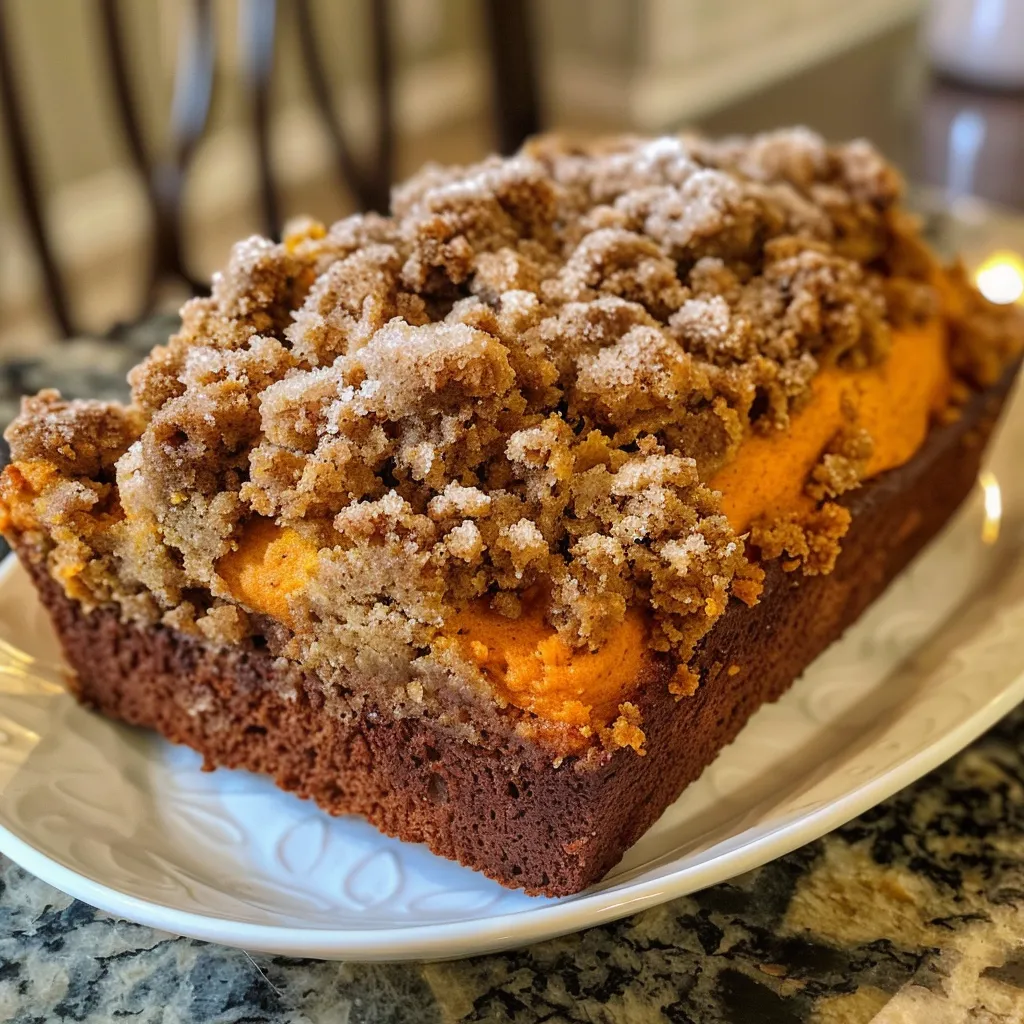 A side view of Pumpkin Streusel Bread, highlighting its moist interior and crumbly streusel crust.