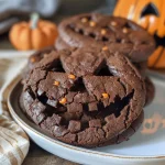 Close-up of a Jack-o'-Lantern shaped chocolate sugar cookie with orange icing details.