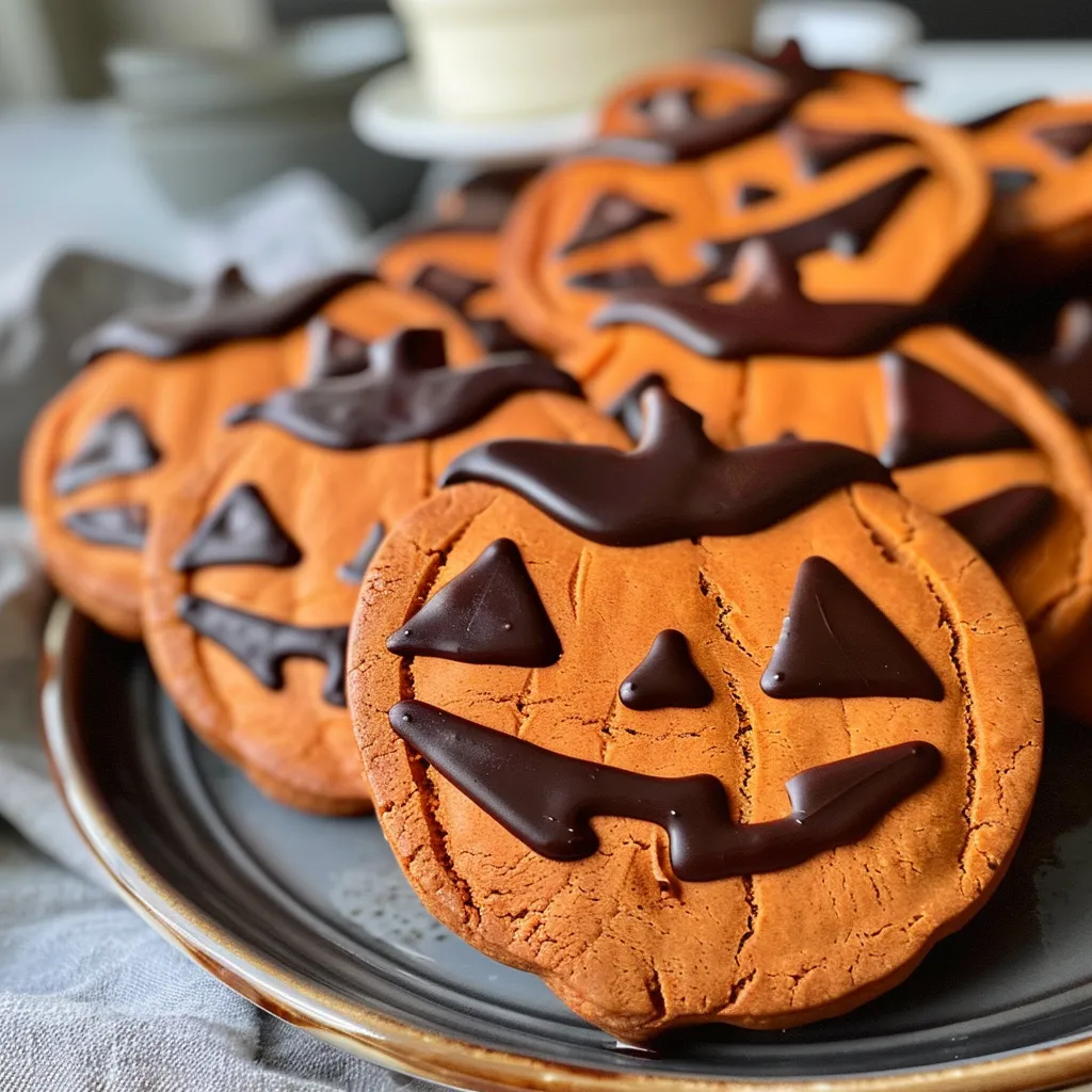 Side view of a delicious Jack-o'-Lantern chocolate sugar cookie displaying intricate decoration.