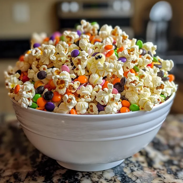 Enchanting Hocus Pocus Halloween Popcorn: A Spooktacular Treat for All Ages A close-up view of colorful Halloween popcorn drizzled with white chocolate and topped with candy.