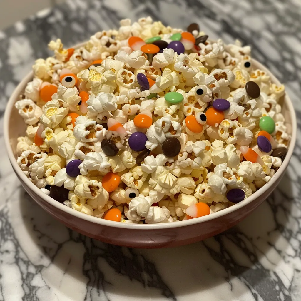 Side view of a bowl filled with festive Halloween popcorn, showcasing sprinkles and candy pieces.