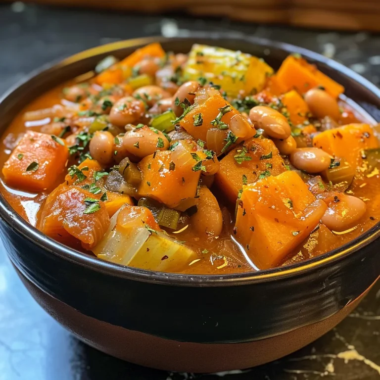 Nourishing Comfort: Crafting Your Hearty Vegan Sweet Potato Stew Close-up view of a hearty vegan sweet potato stew with vibrant colors.