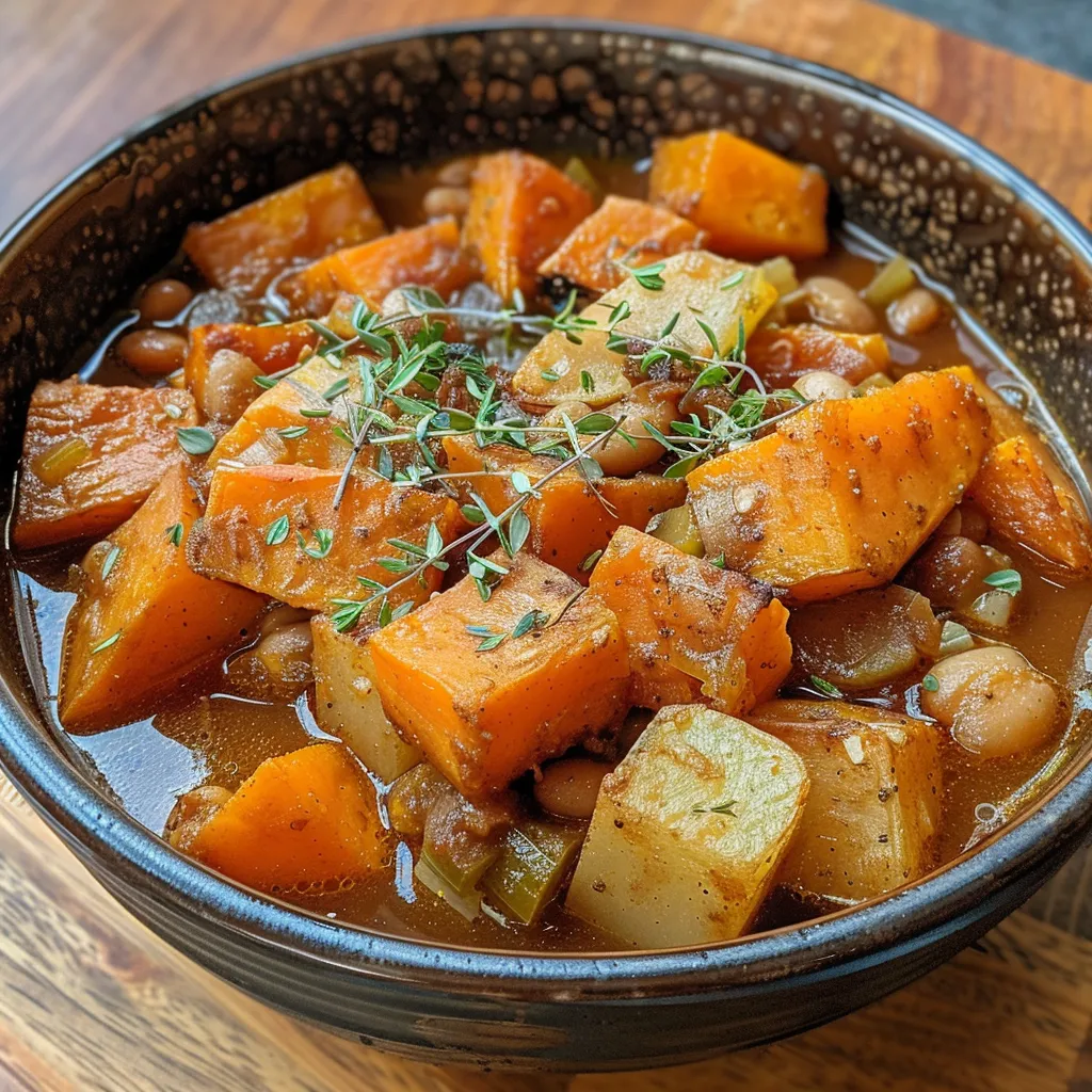 Side view of a steaming bowl filled with chunky sweet potato stew.