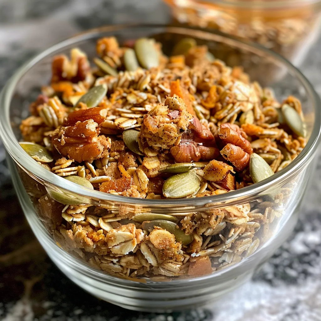 Textured granola mix featuring pumpkin seeds and walnuts in a bowl.