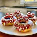 Close-up photo of glazed donuts adorned with vampire teeth and candy googly eyes.