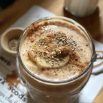 Close-up view of a creamy Vanilla Almond Spiced Chai Smoothie in a glass.
