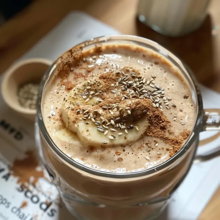 Close-up view of a creamy Vanilla Almond Spiced Chai Smoothie in a glass.