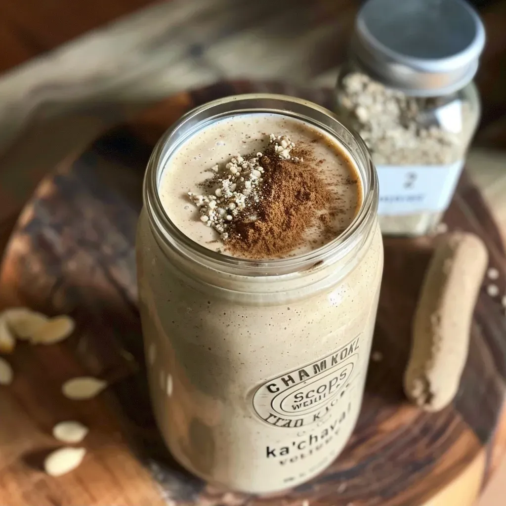 Side view of a deliciously thick smoothie with spices and toppings.