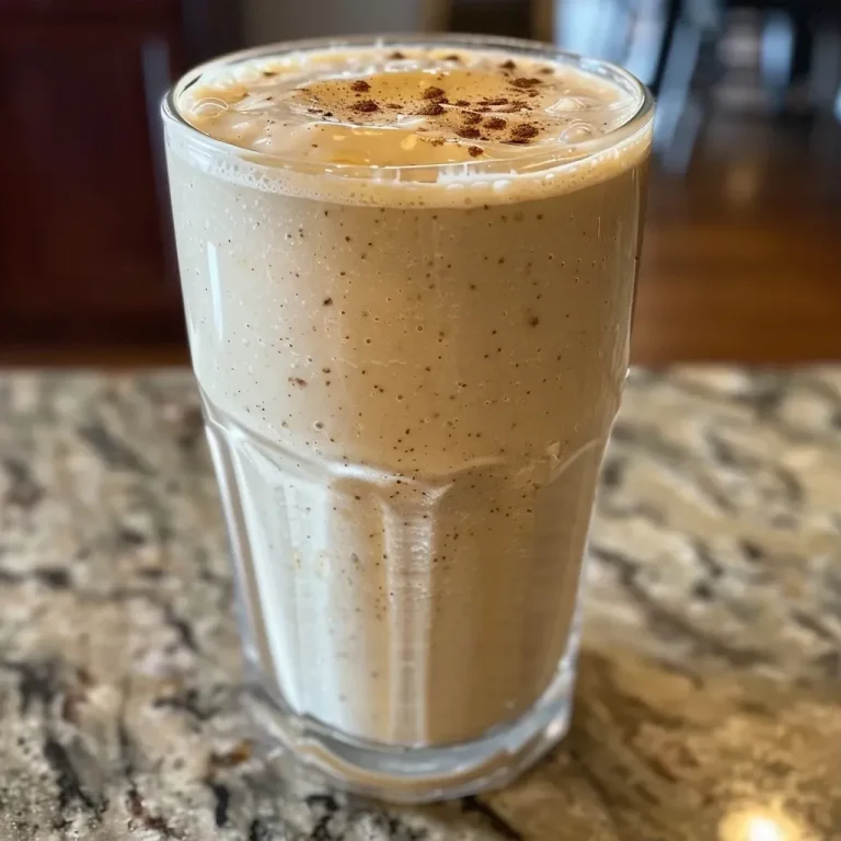 A delicious Vanilla Chai Smoothie in a glass with a creamy texture, topped with a sprinkle of cinnamon.