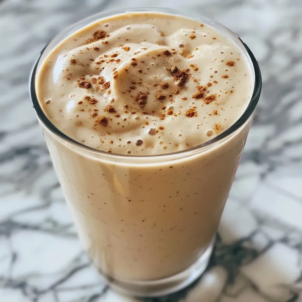 Side view of a Vanilla Chai Smoothie showcasing its thick consistency and warm spices, in a clear glass.