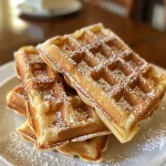 A close-up view of golden-brown Vanilla Chai Waffles stacked on a plate, drizzled with syrup.