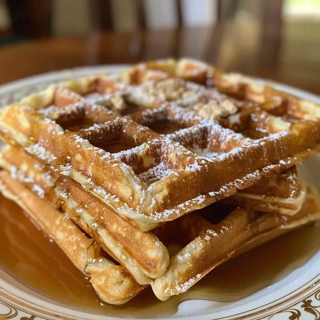A side profile of fluffy Vanilla Chai Waffles, showcasing their texture and toppings.