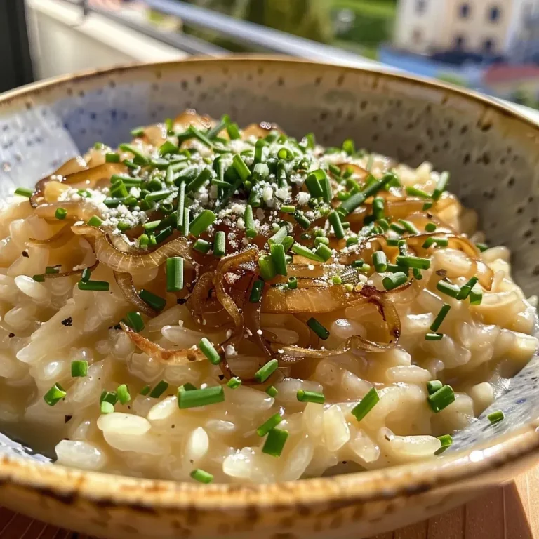 Creamy vegan risotto topped with caramelized onions and scattered chives.