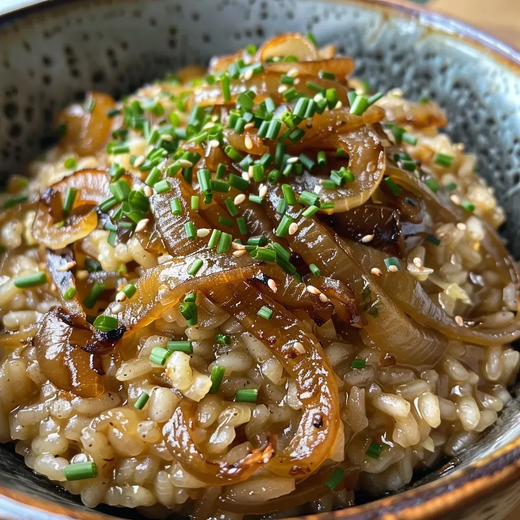 A close-up side view of vegan risotto featuring rich caramelized onions and a sprinkle of black pepper.