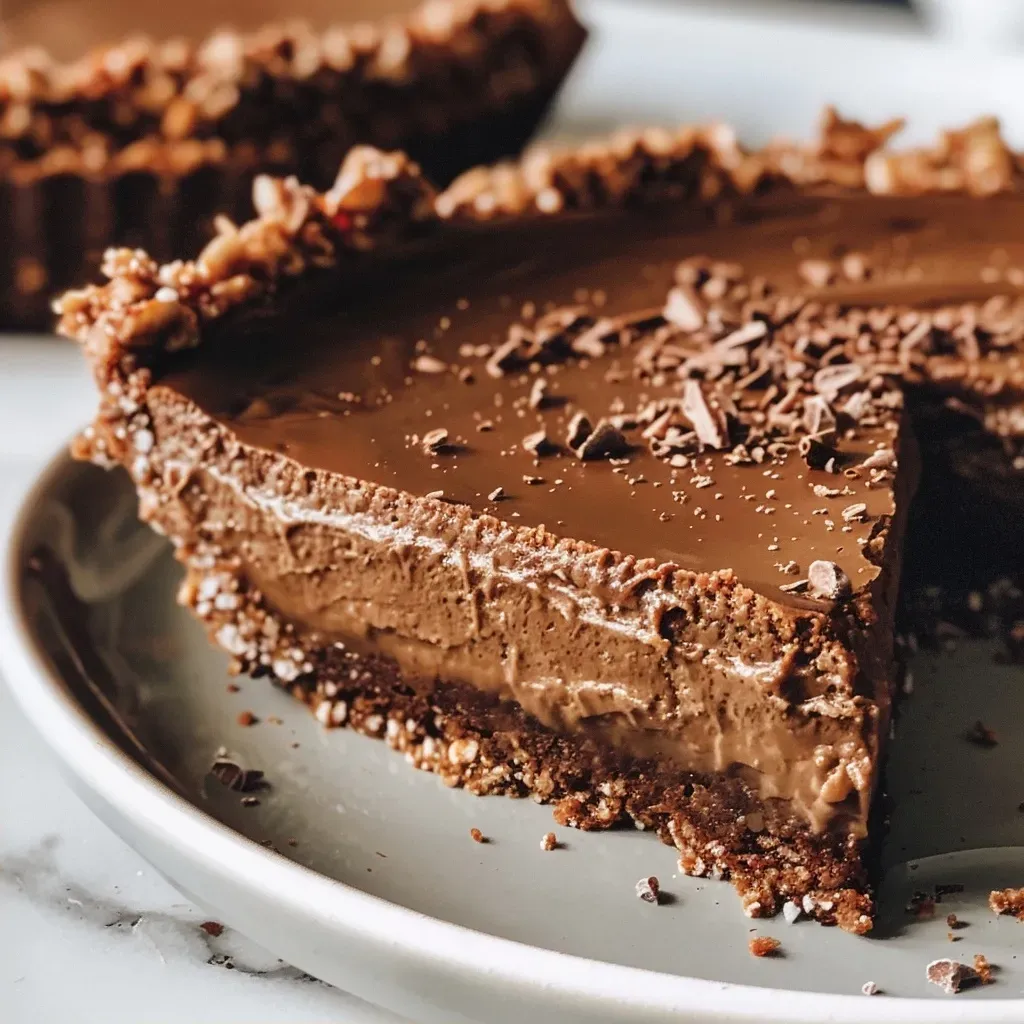 Side view of a vegan chai chocolate tart showcasing its rich layers and toppings.