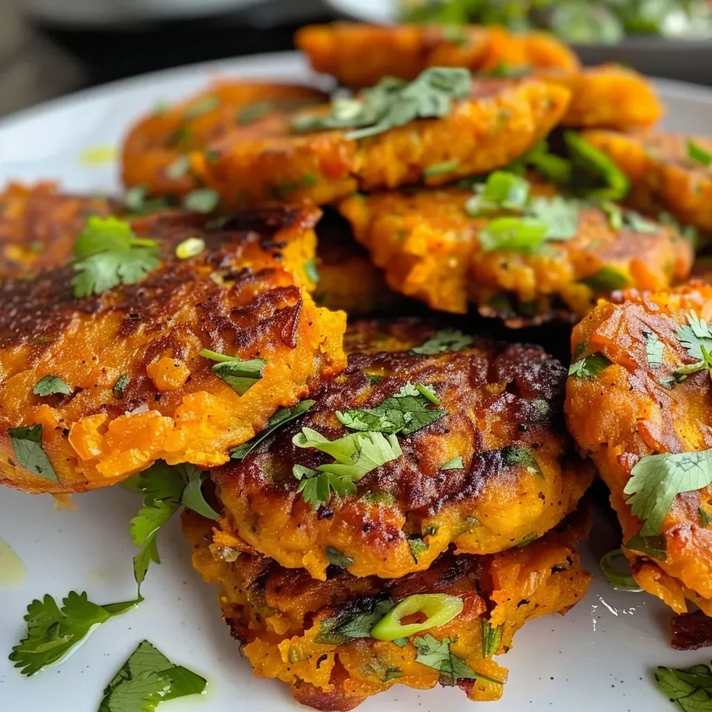 Juicy, textured pumpkin fritters on a plate, showcasing vibrant green onions and cilantro.