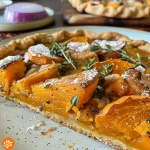 Close-up of a vegan pumpkin galette showing its golden crust and vibrant filling.