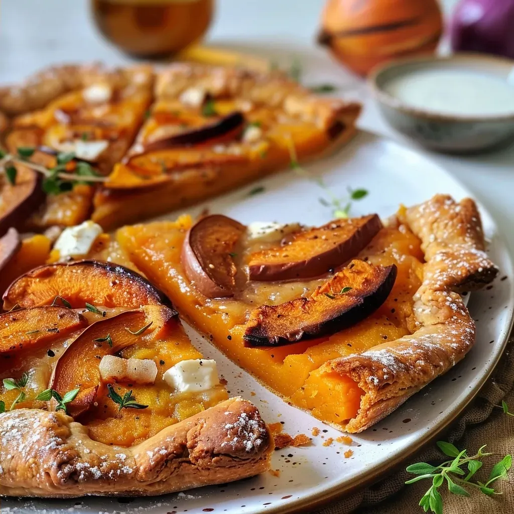 Side view of a delicious vegan pumpkin galette with a flaky crust and pumpkin filling.