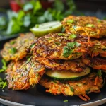 Close-up image of golden-brown vegan vegetable fritters garnished with fresh coriander.