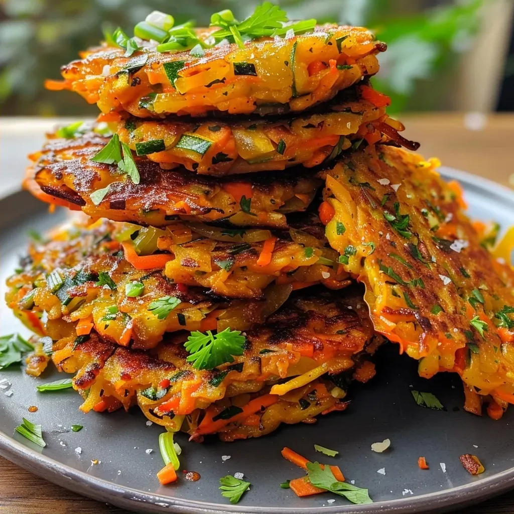 Side view of crispy vegan vegetable fritters with shredded carrot and courgette visible.