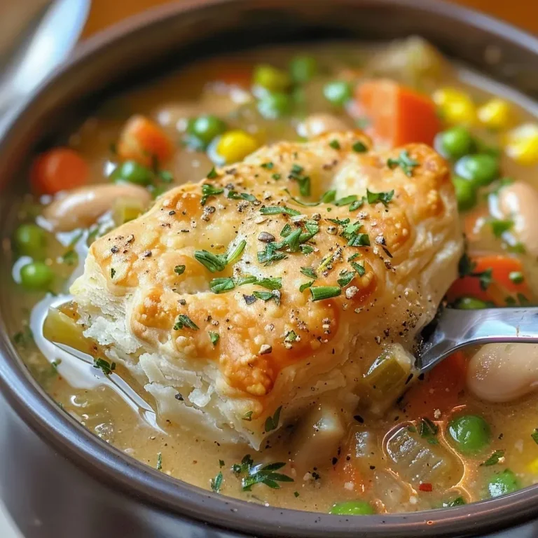 Close-up of a hearty Vegan White Bean Pot Pie Soup with visible vegetables and creamy texture.