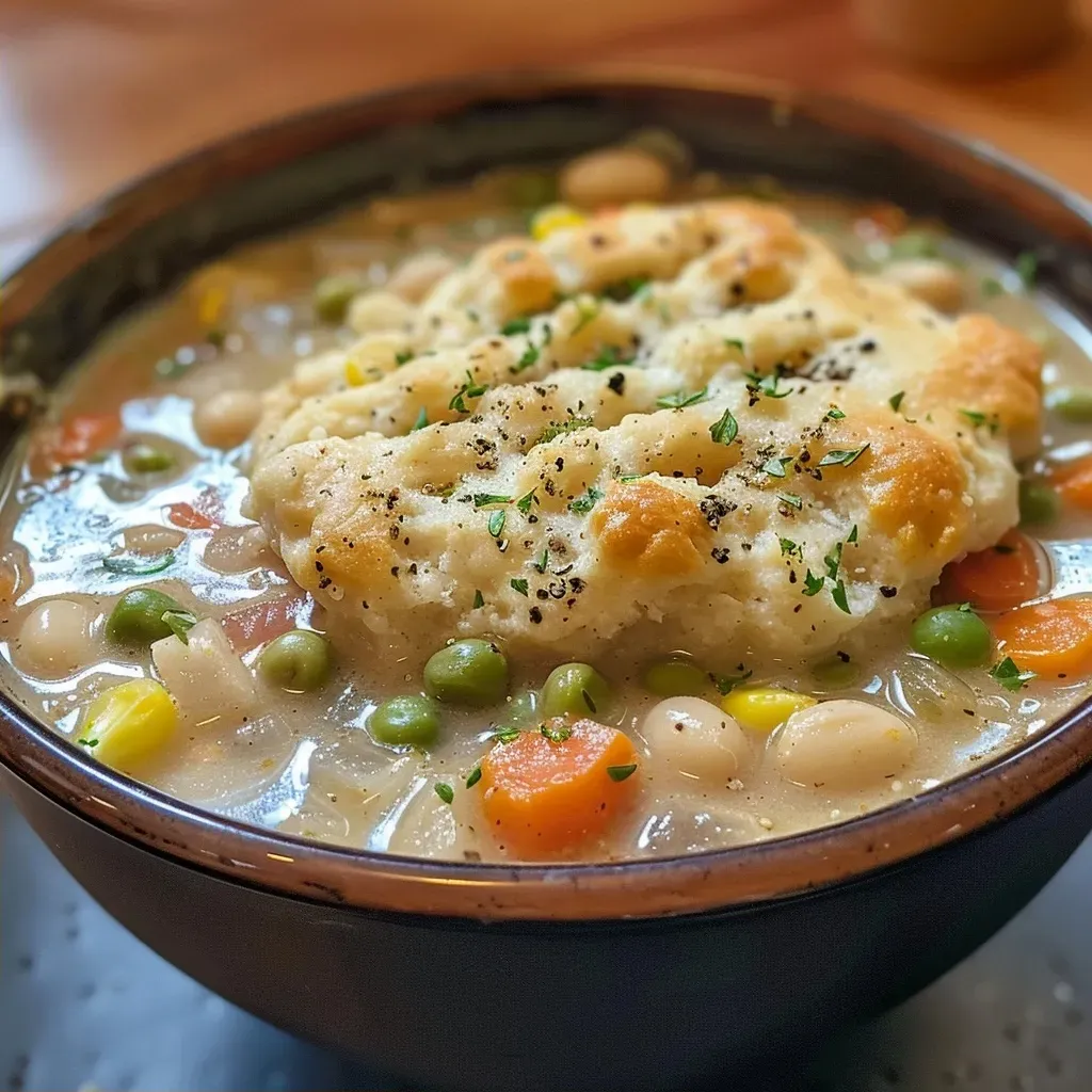 Side view of steaming Vegan White Bean Pot Pie Soup featuring white beans and colorful vegetables.