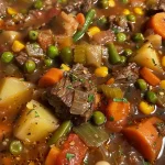 A close-up side view of a steaming bowl of Vegetable Beef Soup with colorful vegetables and tender beef.