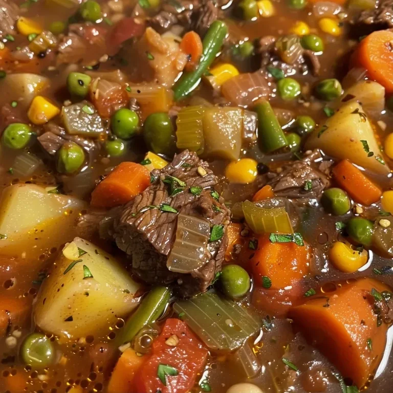 Hearty Vegetable Beef Soup: A Family Favorite for Any Season A close-up side view of a steaming bowl of Vegetable Beef Soup with colorful vegetables and tender beef.