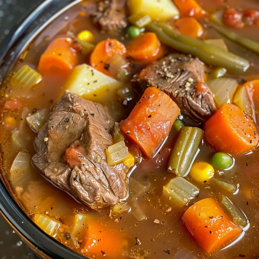A detailed look at Vegetable Beef Soup showcasing chunks of beef, potatoes, carrots, and green beans in a rich broth.