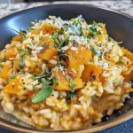 Close-up view of a creamy vegetarian pumpkin risotto garnished with fresh spinach.