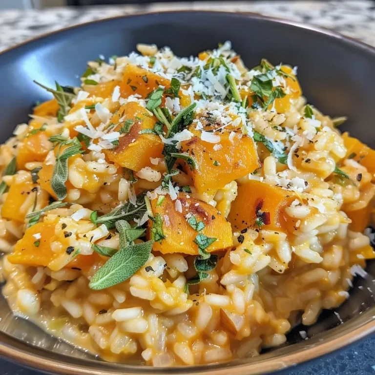 Close-up view of a creamy vegetarian pumpkin risotto garnished with fresh spinach.