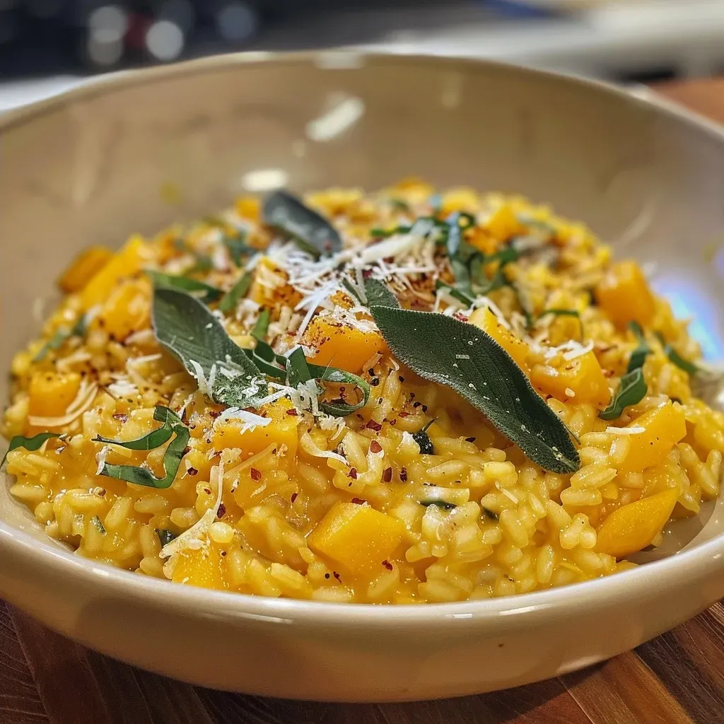 Side angle of a vibrant pumpkin risotto dish with green spinach and parmesan on top.