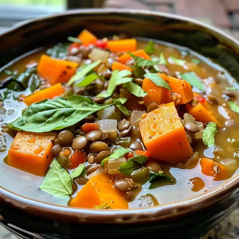 A close-up view of a bowl of colorful vegetarian sweet potato lentil soup with visible vegetables and lentils.
