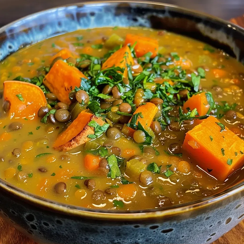 A side view of a creamy sweet potato lentil soup, showcasing vibrant ingredients like carrots, spinach, and sweet potatoes.