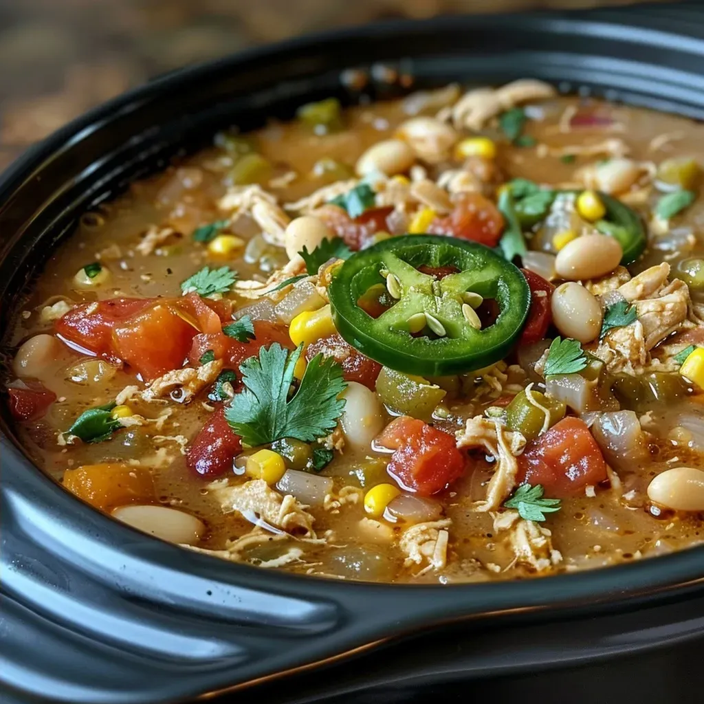 Side view of hearty White Bean Chicken Chili featuring chicken and vegetables.