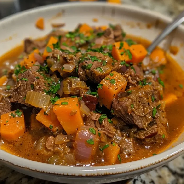 Nourishing Comfort: Whole30 Caramelized Onion and Beef Stew for Every Home Cook A bowl of caramelized onion and beef stew featuring chunks of beef, sweet potatoes, and colorful vegetables.