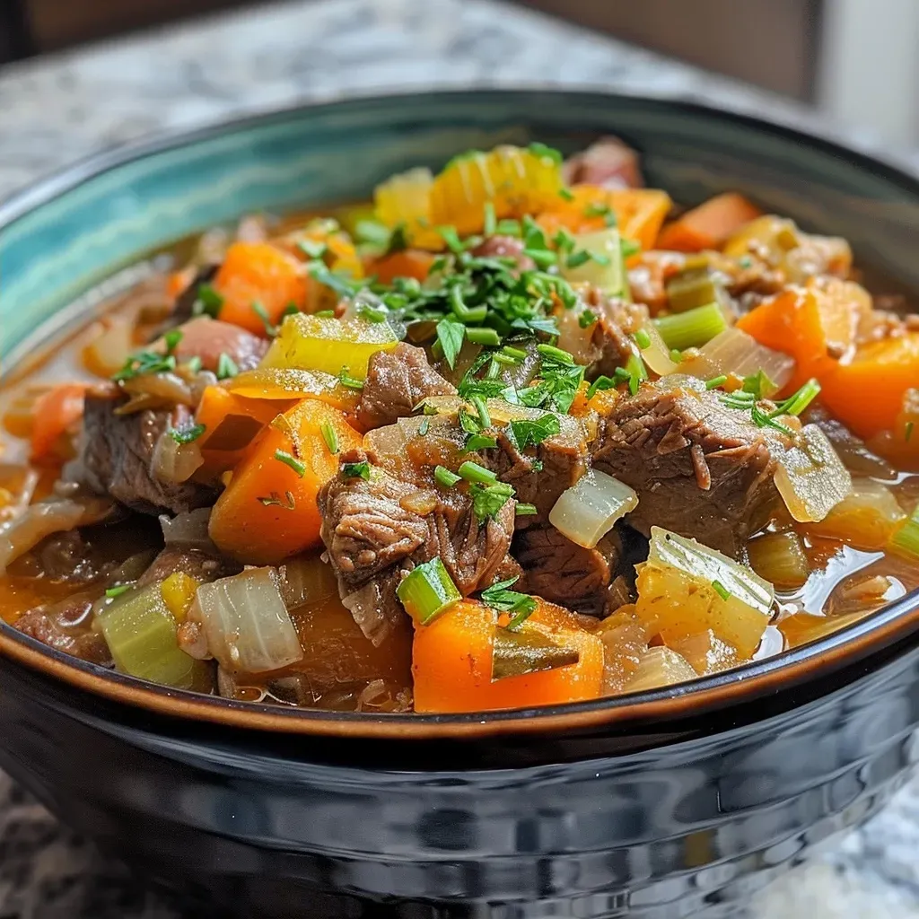 Close-up view of a hearty Whole30 beef stew with caramelized onions, sweet potatoes, and herbs.