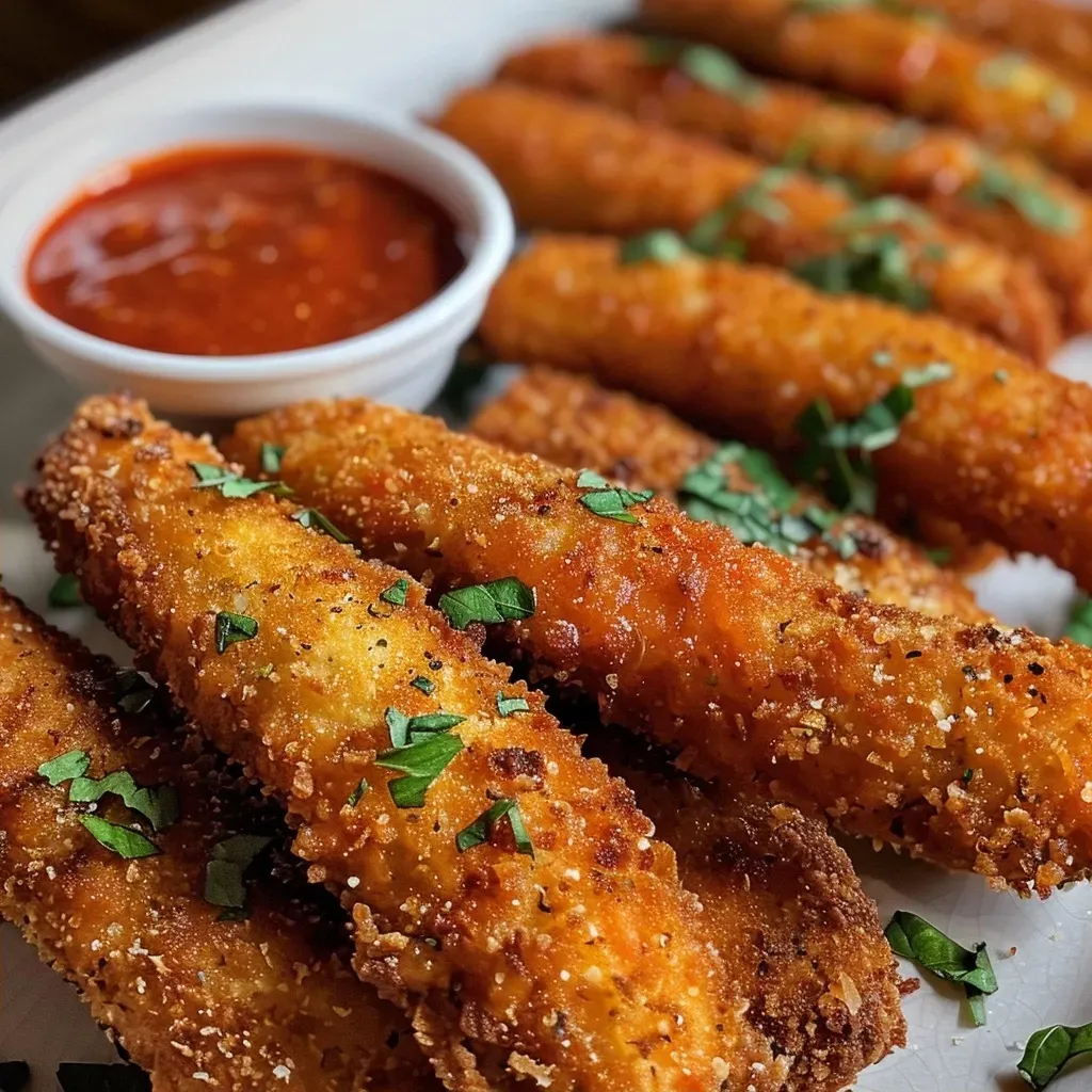 Appetizing Witch Fingers Cheese Sticks next to a bowl of marinara sauce.