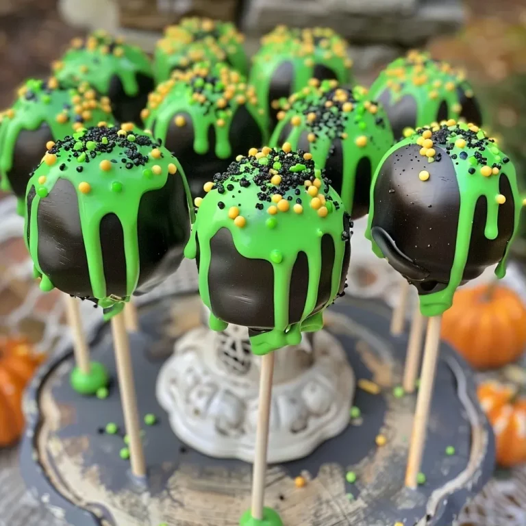 Bubbling Over with Flavor: Enchanting Witches Cauldron Cake Pops Close-up of colorful Witches Cauldron Cake Pops with green frosting and candy melts.
