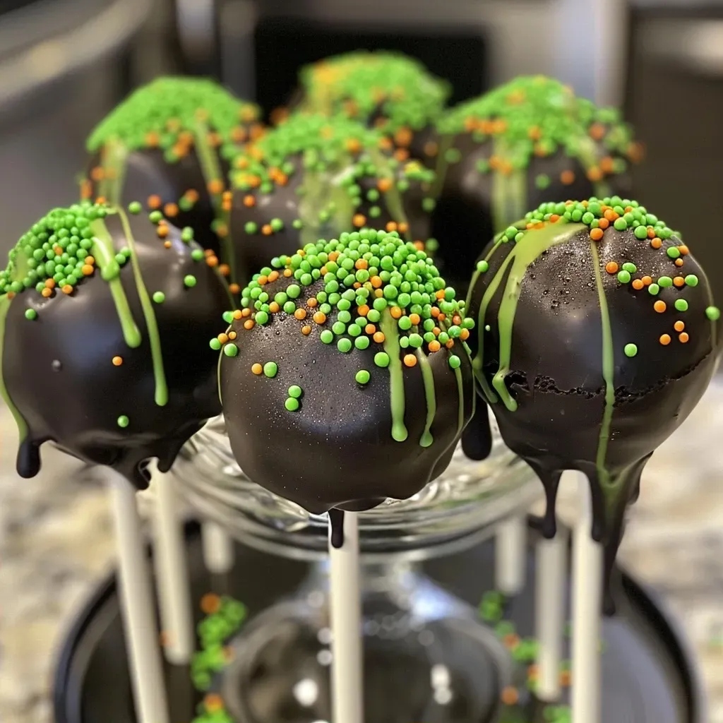 Side view of multiple cake pops styled as witches' cauldrons, featuring vibrant colors and decorations.