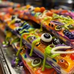 Close-up of colorful Halloween bark featuring candy melts, gummy worms, and candy eyeballs.