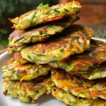 Close-up view of golden-brown zucchini fritters served on a white plate.
