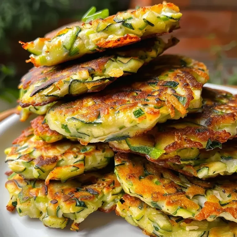 Close-up view of golden-brown zucchini fritters served on a white plate.